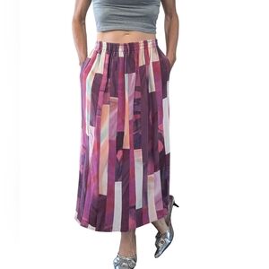 Vintage Handpainted Silk Midi Skirt Purple Pink Abstract Print Pockets Small